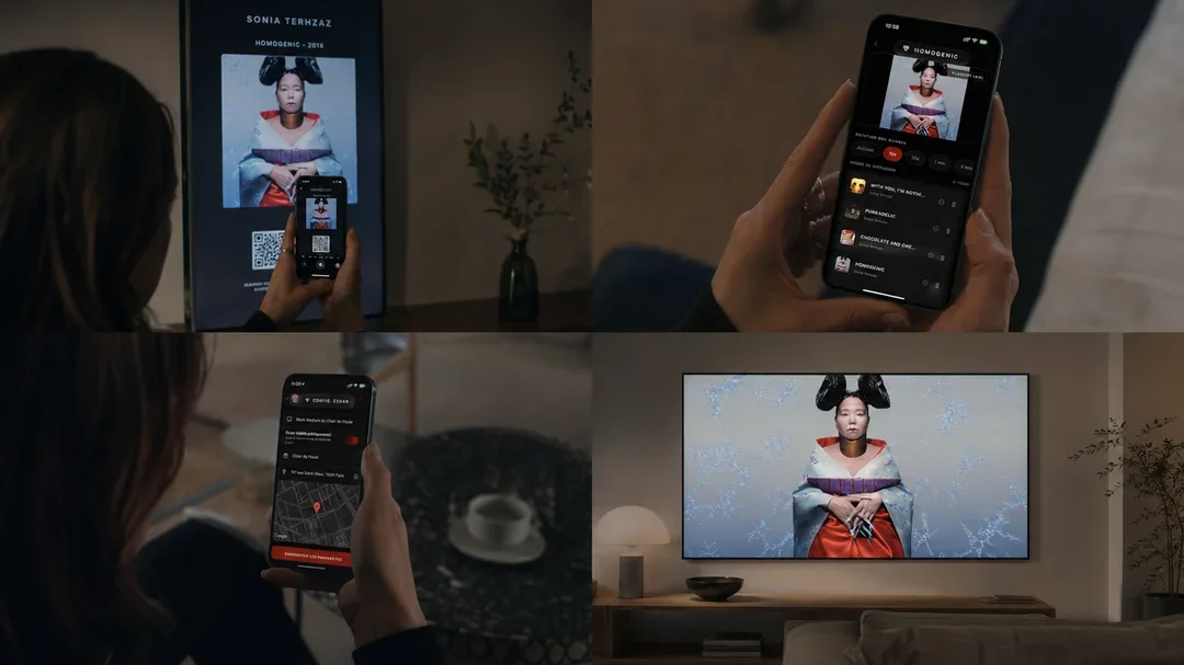 Une œuvre diffusée sur un écran, scannée puis retrouvée sur un téléphone et affichée sur une télévision — l'expérience prolongée dans un lieu de vie