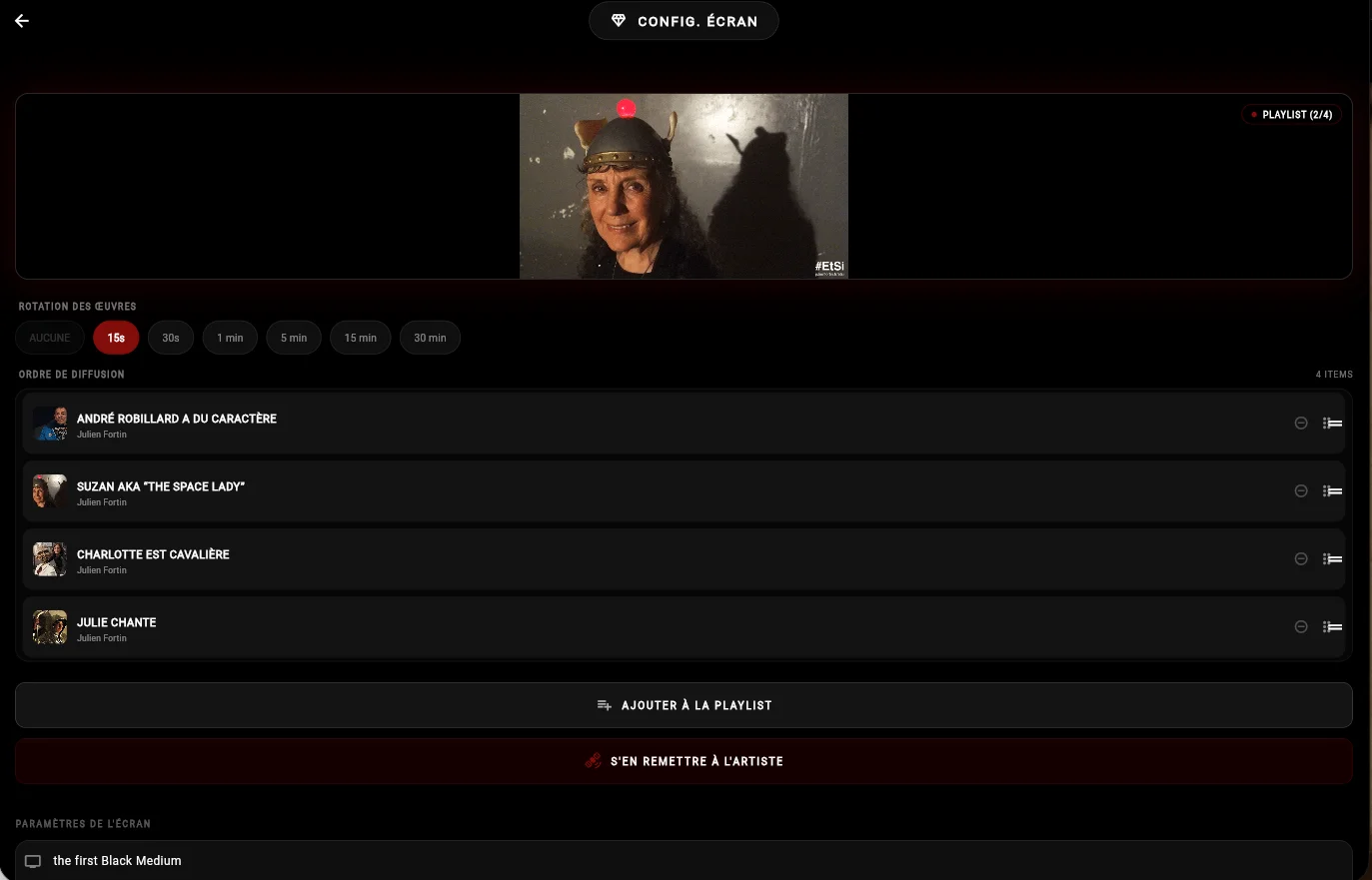 Interface Black Medium — playlist d'un écran avec rotation des œuvres réglable et ordre de diffusion modifiable